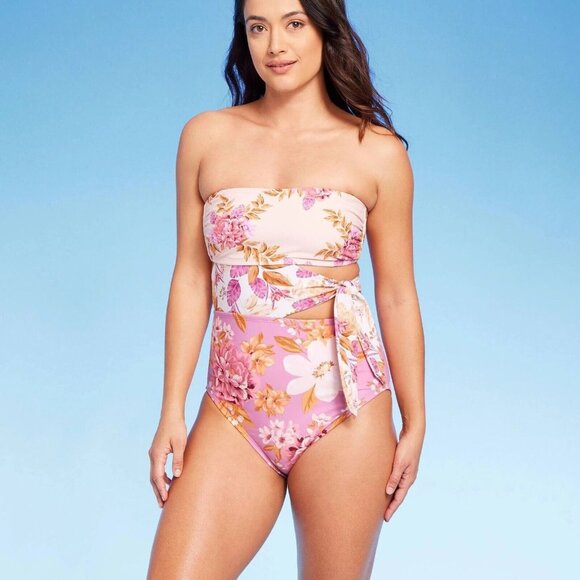 Kona Sol Large 12-14 Pink Garden Floral Side Tie Full Coverage 1 Piece Swimsuit - Picture 1 of 7